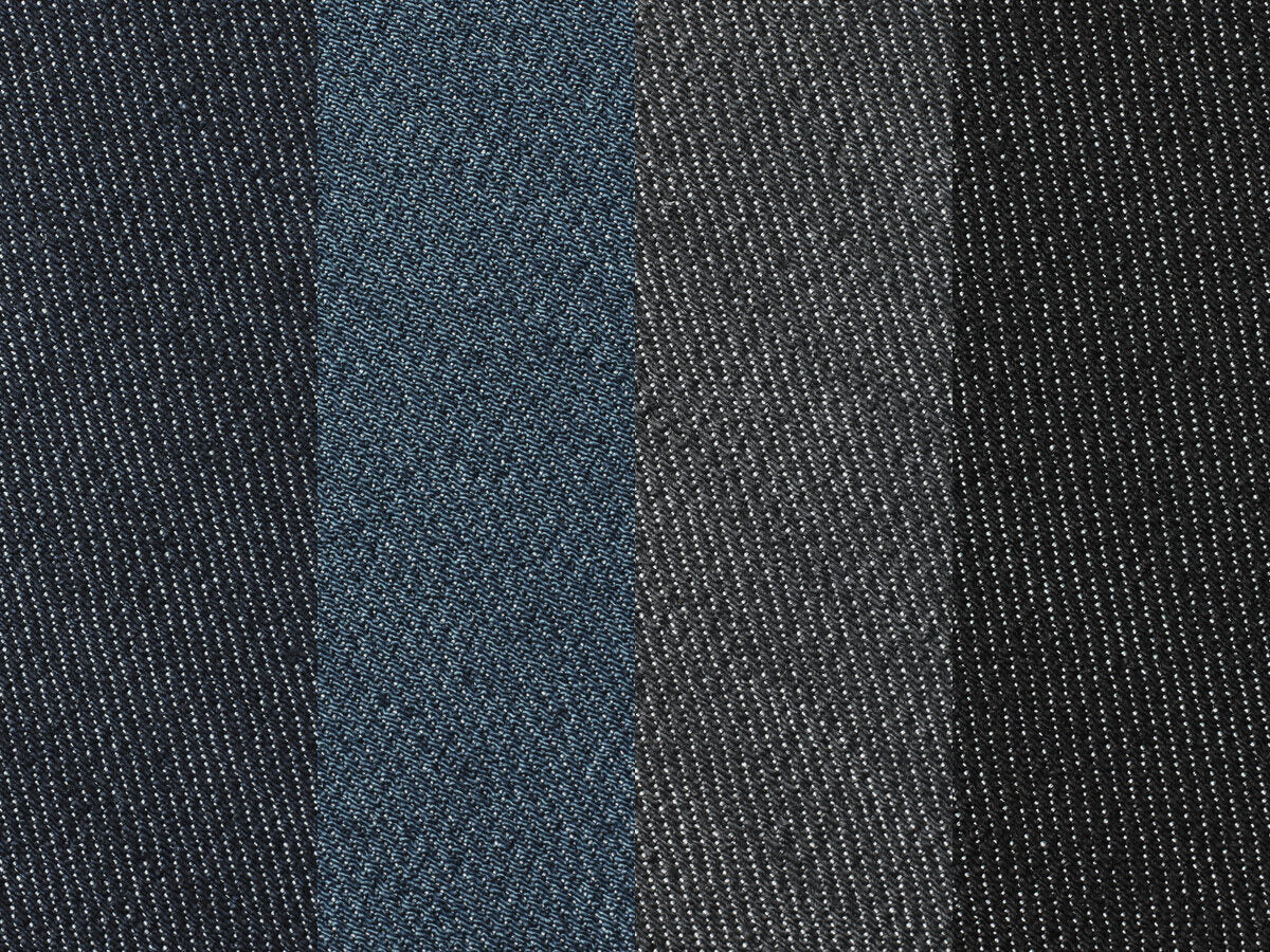 Four of the raw denims side by side: Natural Indigo, Postman, Steel Gray and Smooth Indigo
