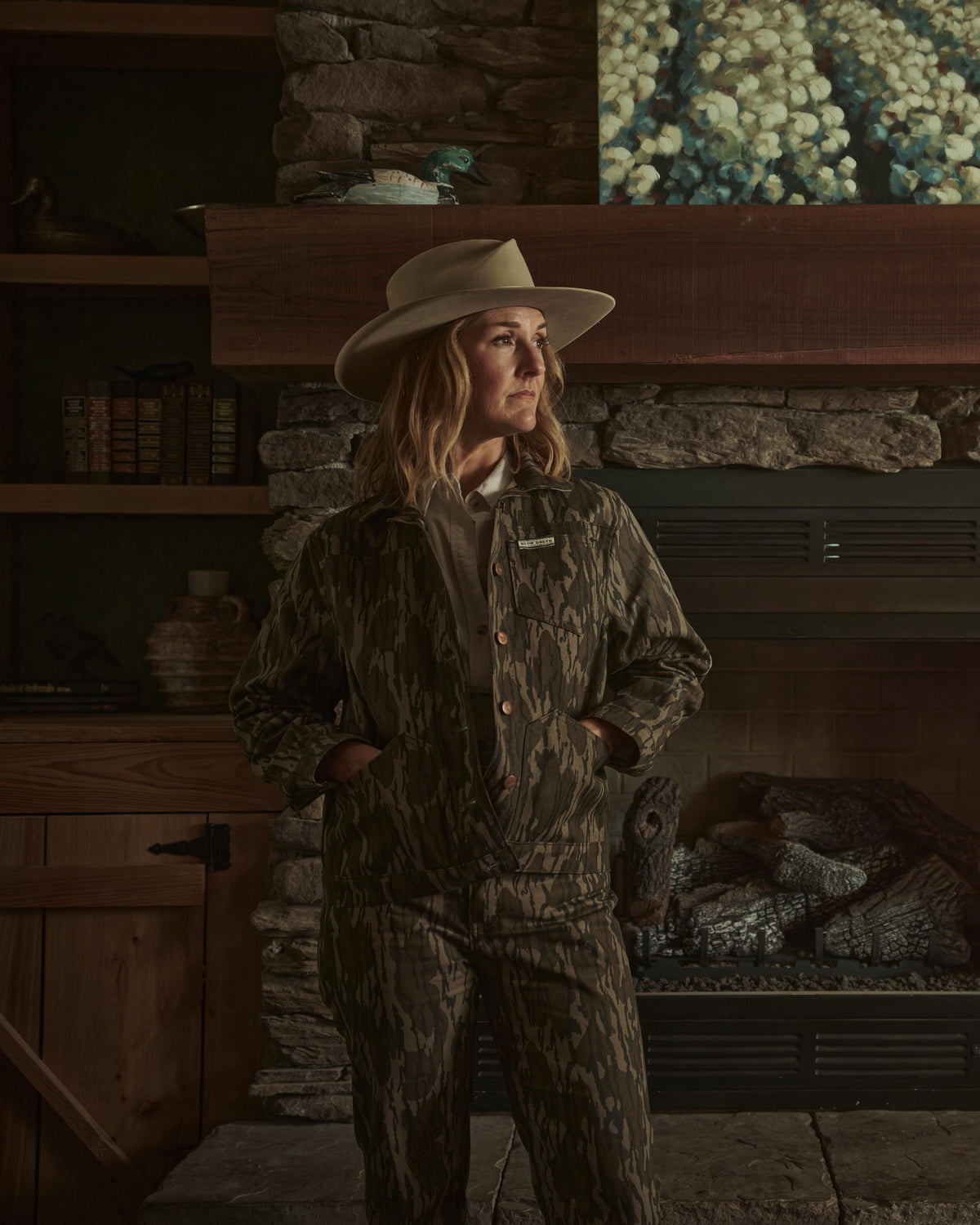 Women's Bottomland jacket and chino at the hearth
