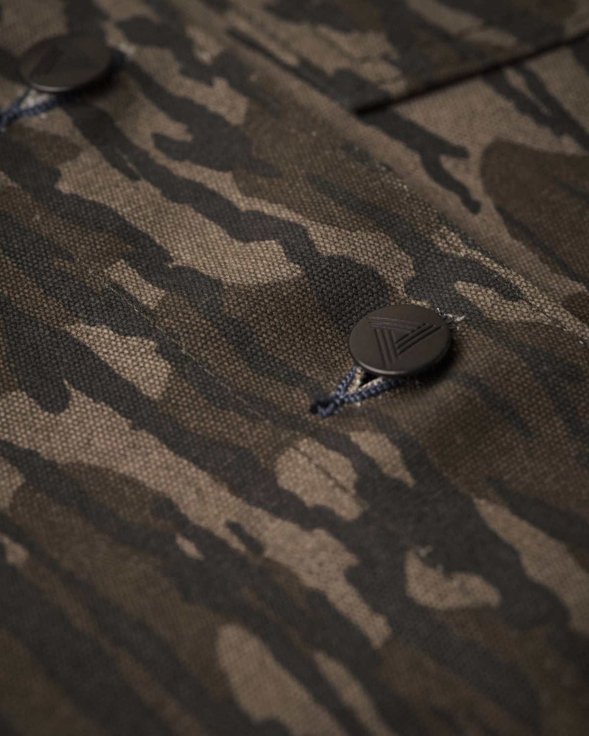 Bottomland canvas jacket close-up of a front button through its buttonhole.