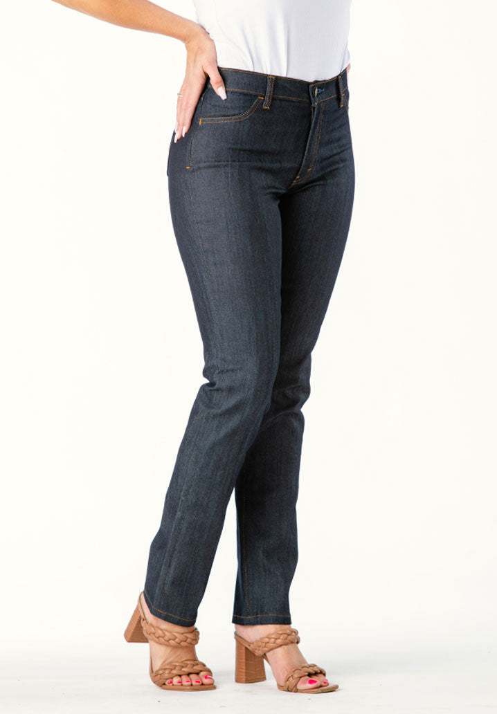 Women's Raw Denim jeans in a Straight Cut and Dark Indigo Color by Blue Delta Jeans.