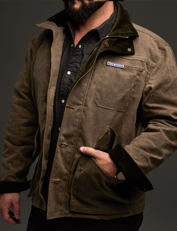 Blue Delta Waxed Canvas Field Coat worn open